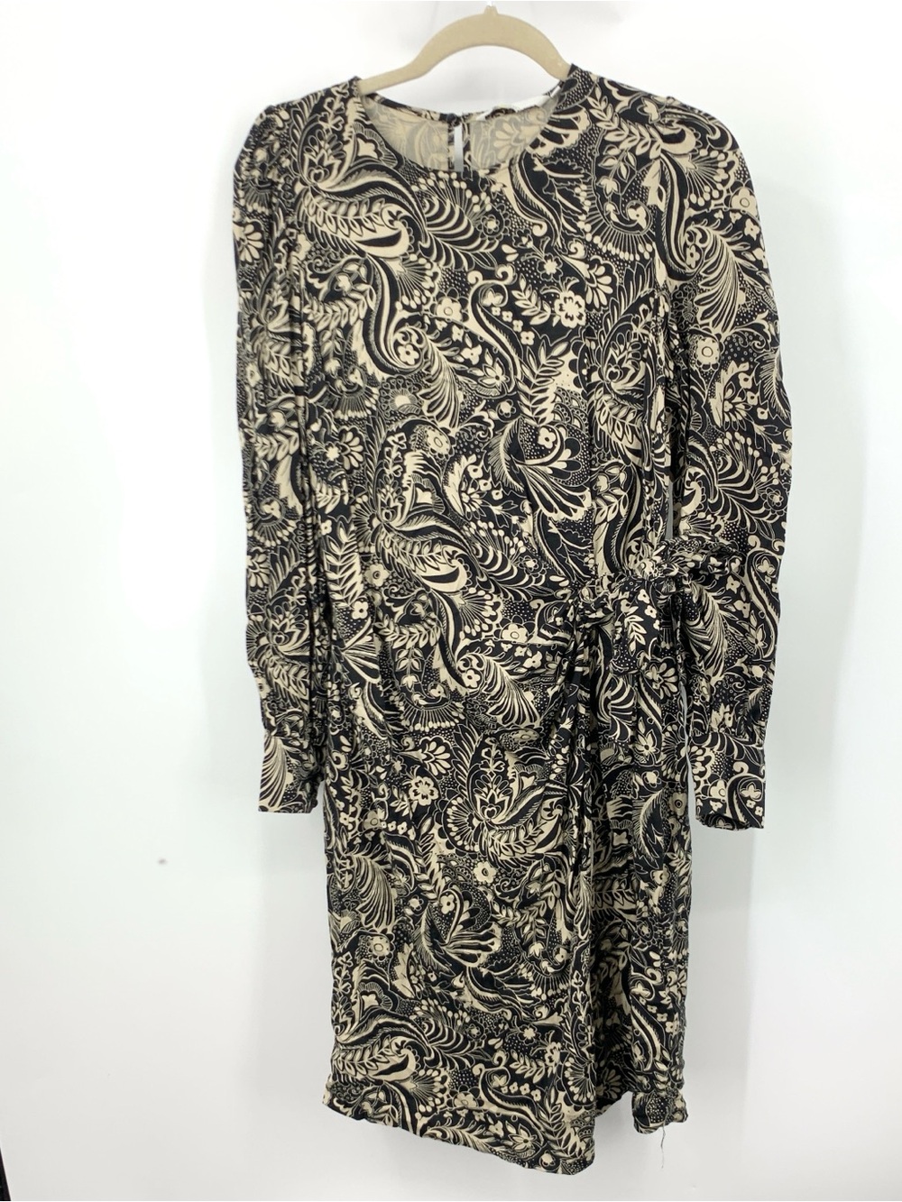 Boden Women Size 8‎ Long Medium Dress Black Brown Floral Tie Wrap Long Sleeve